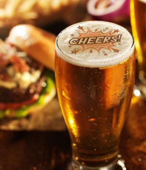 beer and burgers on wooden table Print on Coffees Machine Hire London